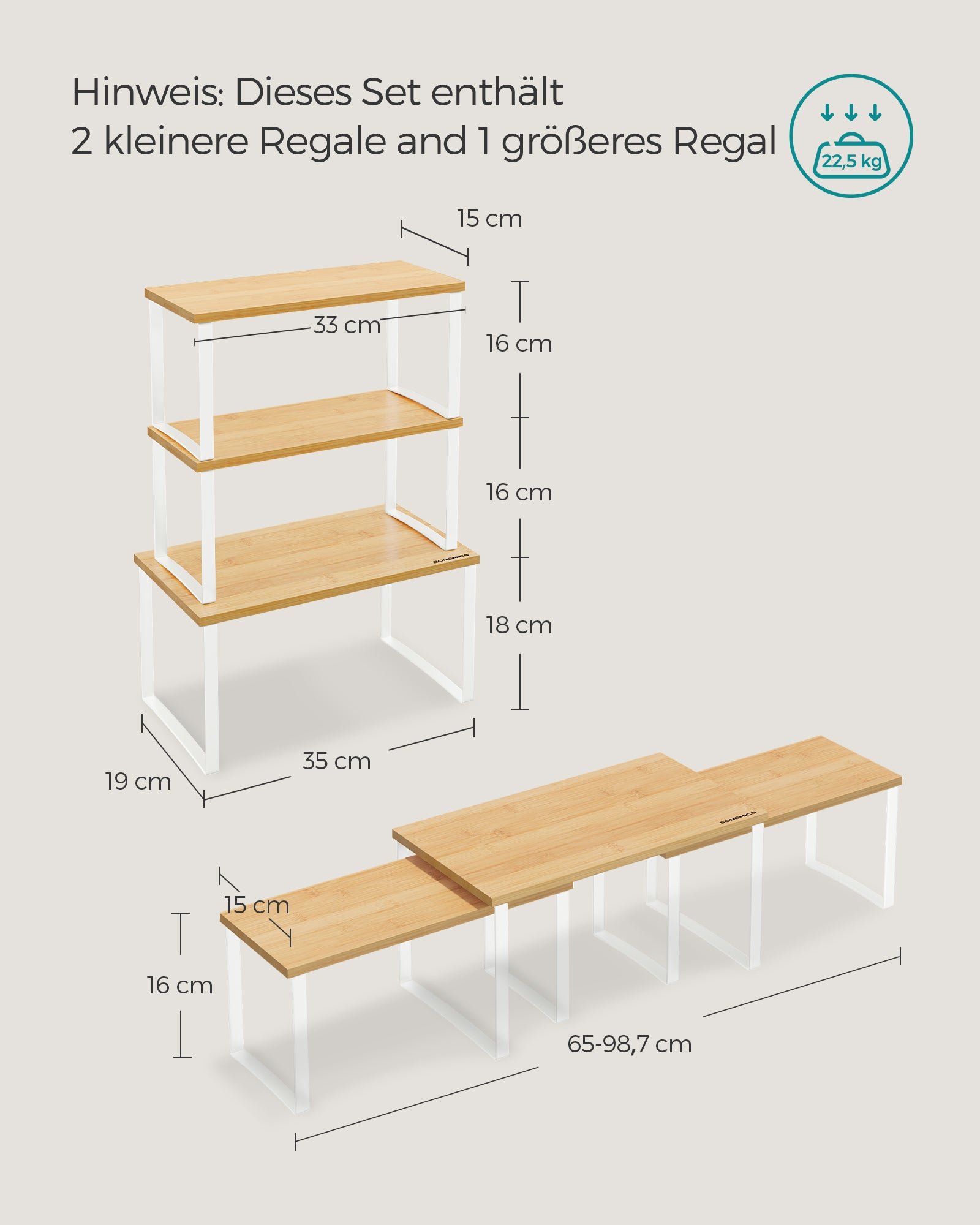 Gewürzregal 3er Set aus Metall und Bambus wolkenweiß-naturbeige