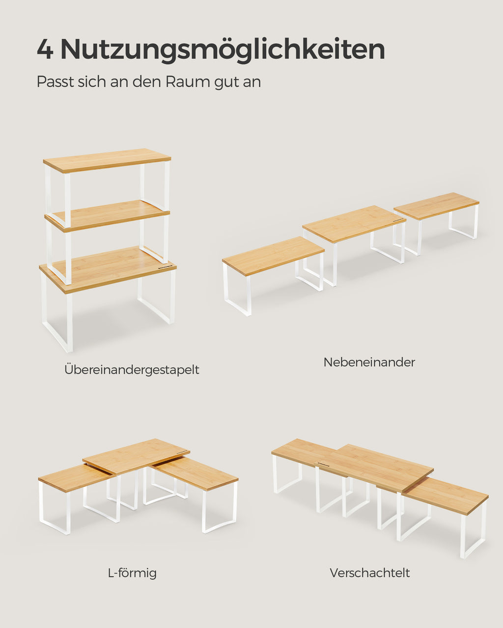 Gewürzregal 3er Set aus Metall und Bambus wolkenweiß-naturbeige