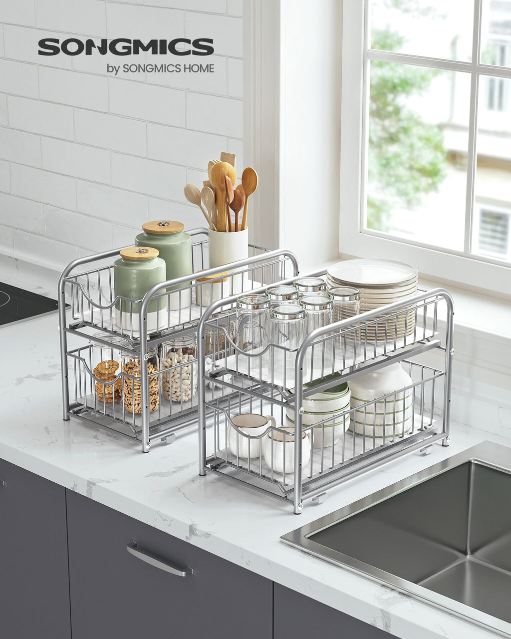 Küchenschrank Organizer 2er Set metallisches Silber