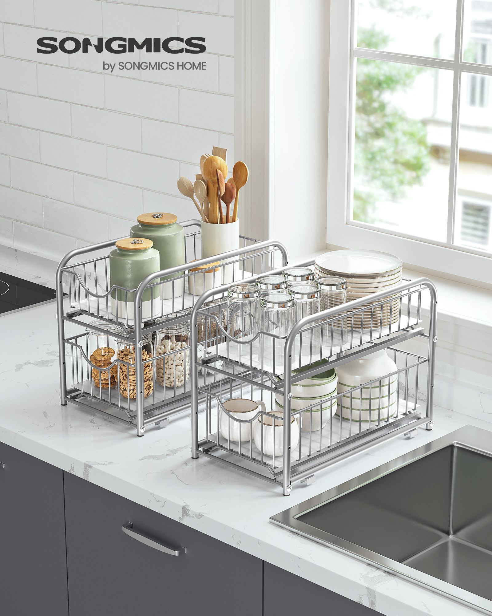 Küchenschrank Organizer 2er Set metallisches Silber