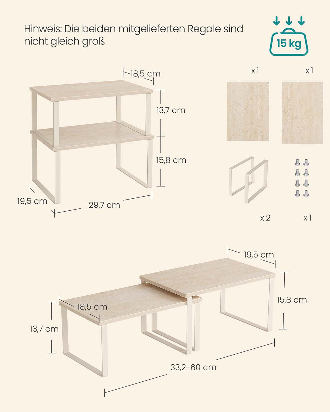 Gewürzregal 2er Set stapelbar 29,7 cm breit travertinbeige-cremeweiß