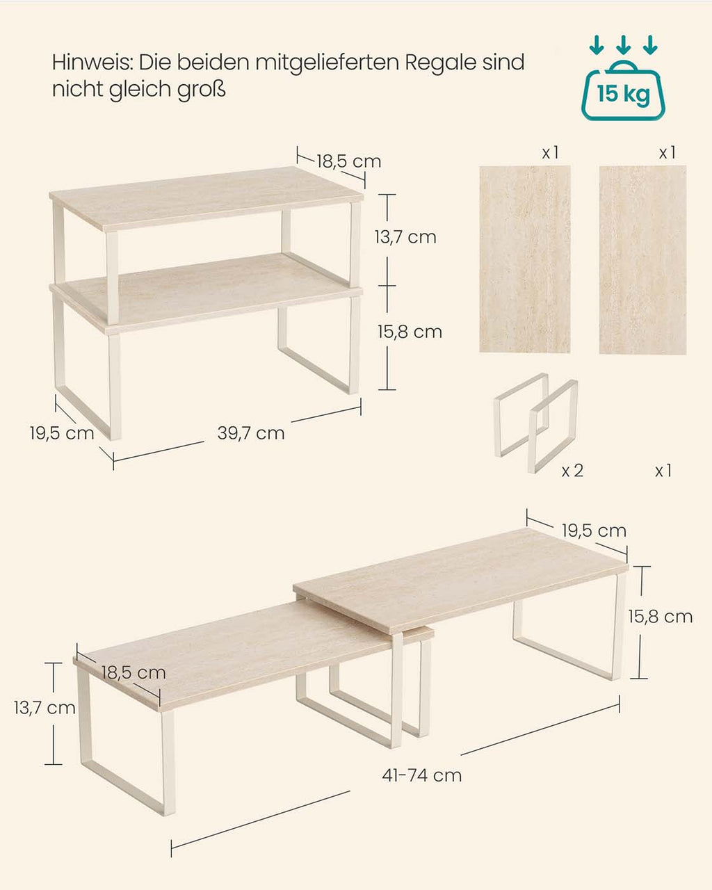 Gewürzregal 2er Set stapelbar 39,7 cm breit travertinbeige-cremeweiß