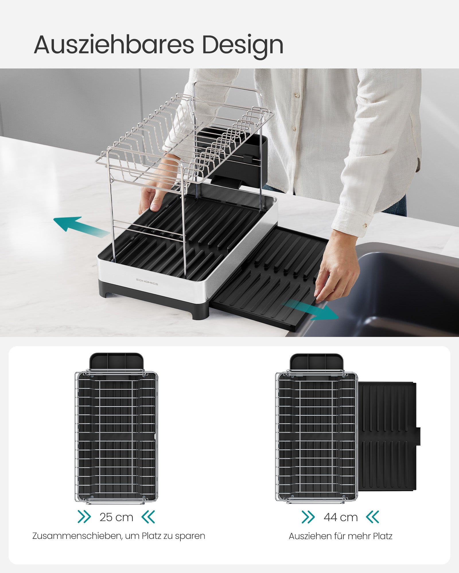 Abtropfgestell 2-stufig mit Utensilienhalter silbern-schwarz