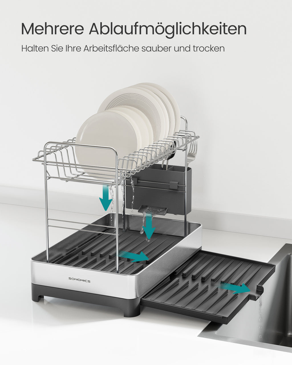 Abtropfgestell 2-stufig mit Utensilienhalter silbern-grau