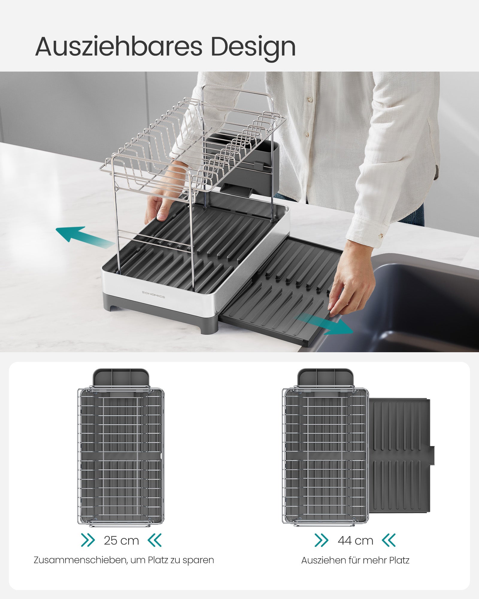 Abtropfgestell 2-stufig mit Utensilienhalter silbern-grau