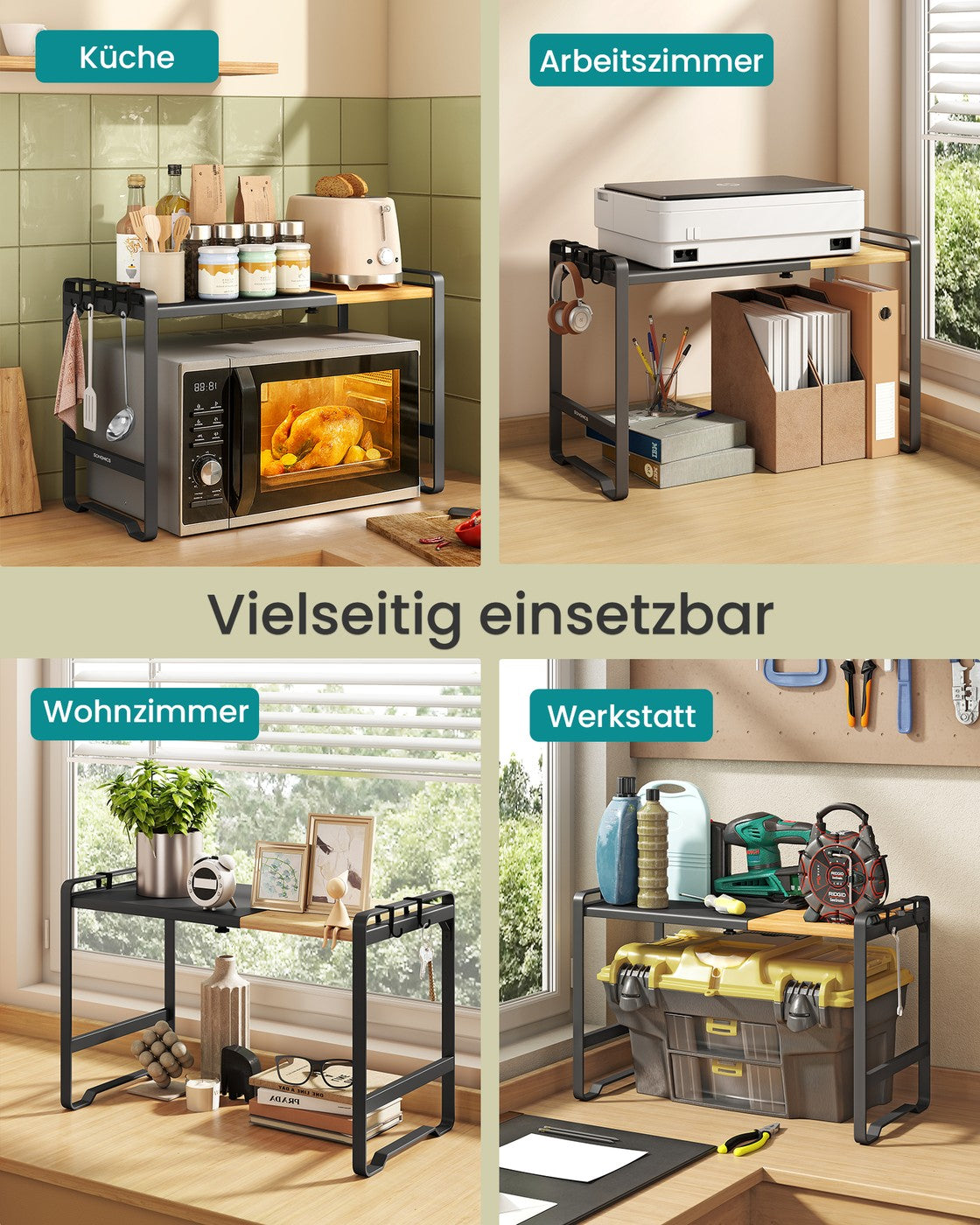 Erweiterbares Mikrowellen Regal mit 4 Haken tintenschwarz-naturbeige