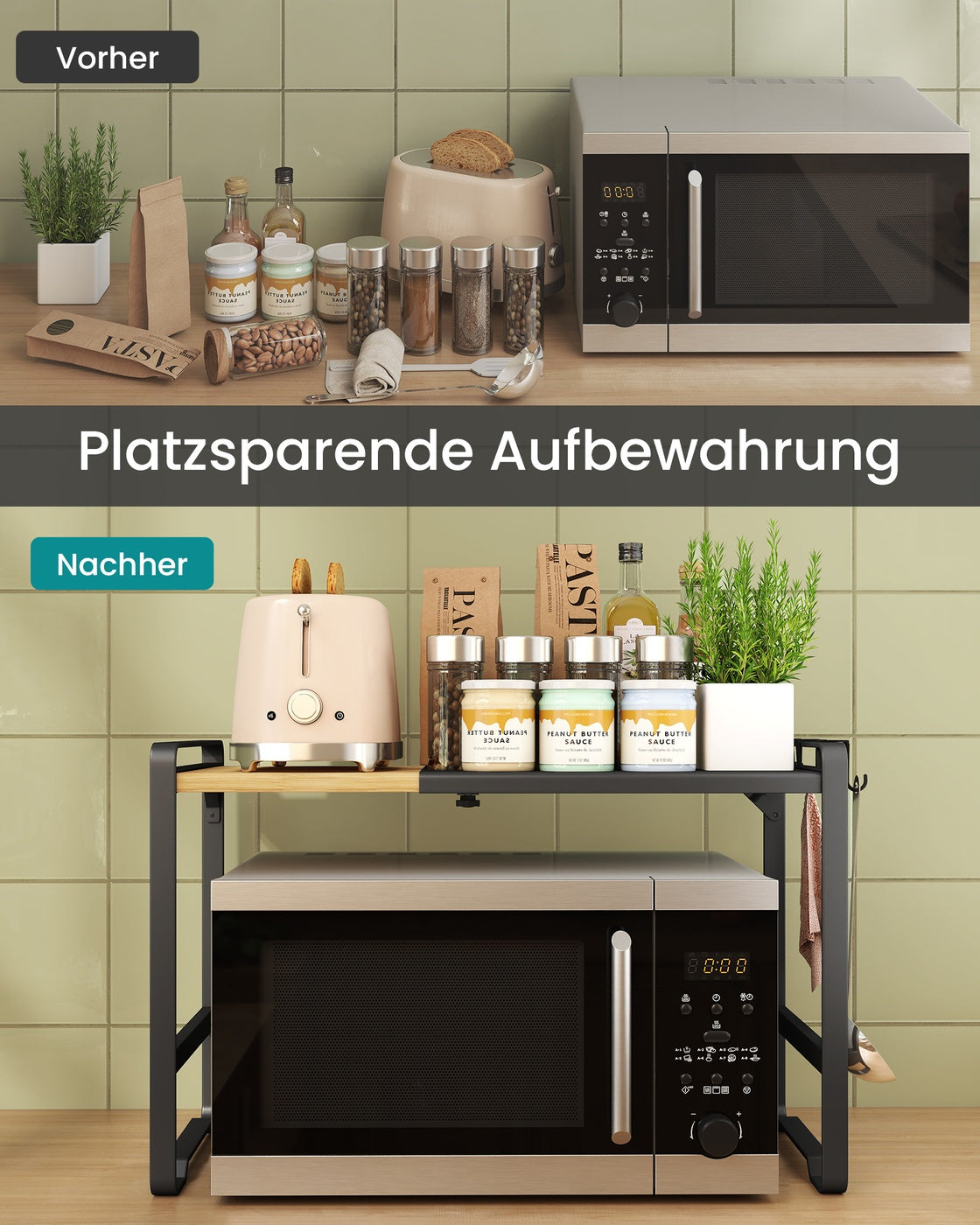 Erweiterbares Mikrowellen Regal mit 4 Haken tintenschwarz-naturbeige