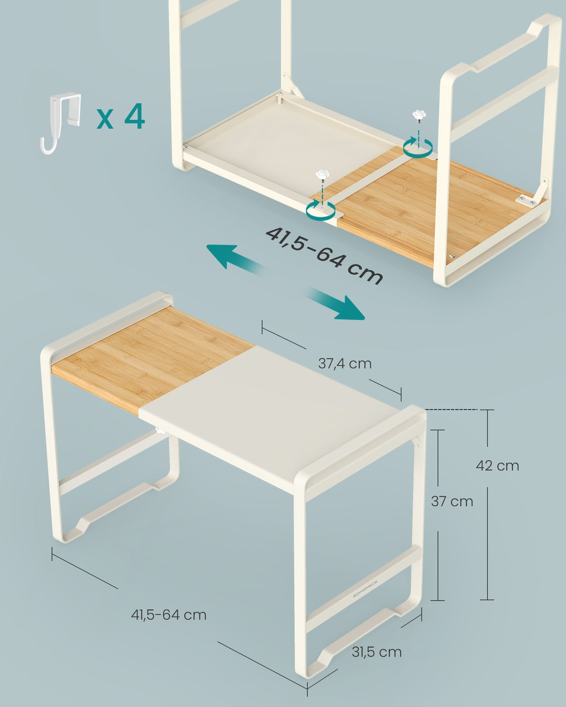Erweiterbares Mikrowellen Regal mit 4 Haken cremeweiß-naturbeige