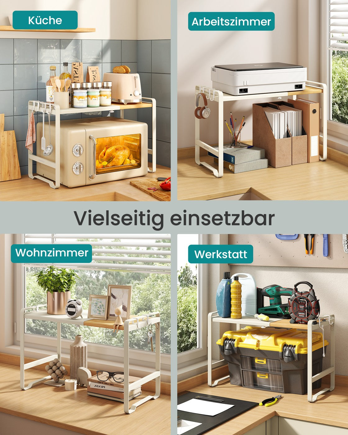 Erweiterbares Mikrowellen Regal mit 4 Haken cremeweiß-naturbeige
