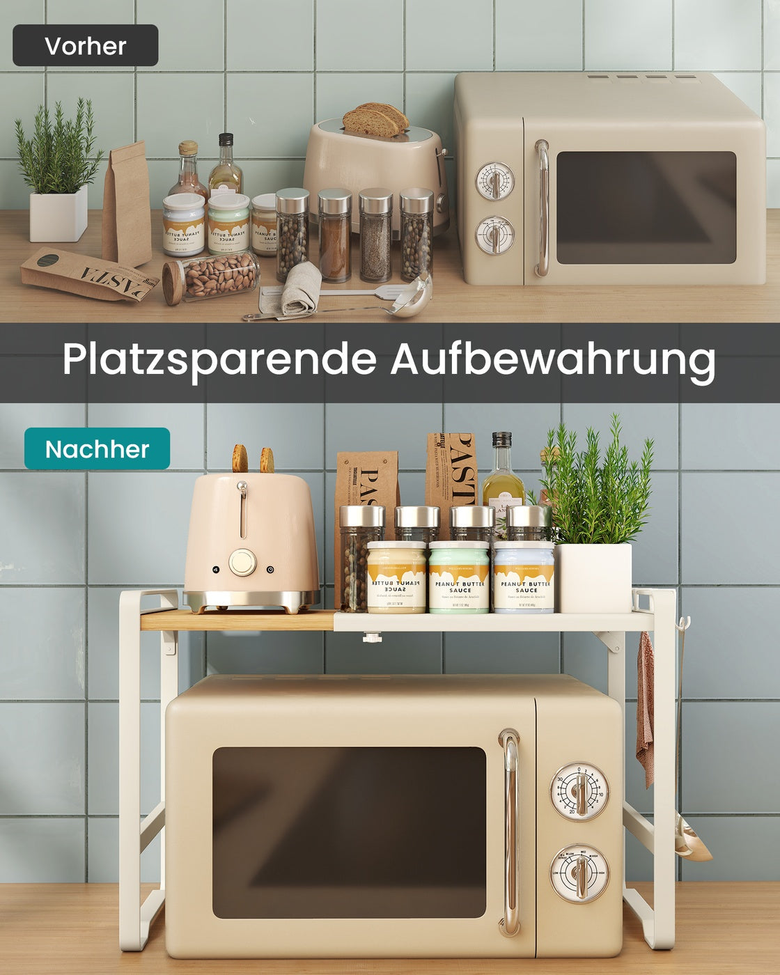 Erweiterbares Mikrowellen Regal mit 4 Haken cremeweiß-naturbeige