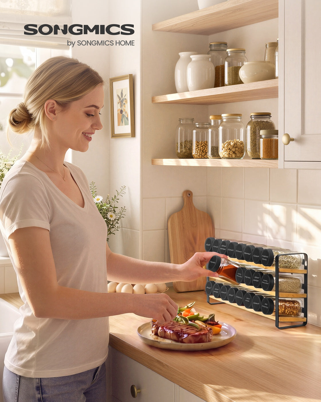 Gewürzregal tintenschwarz-naturbeige 3 Ebenen 24 Gläser