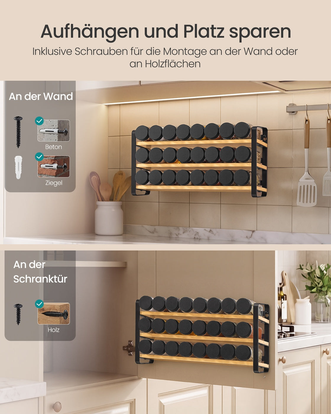 Gewürzregal tintenschwarz-naturbeige 3 Ebenen 24 Gläser