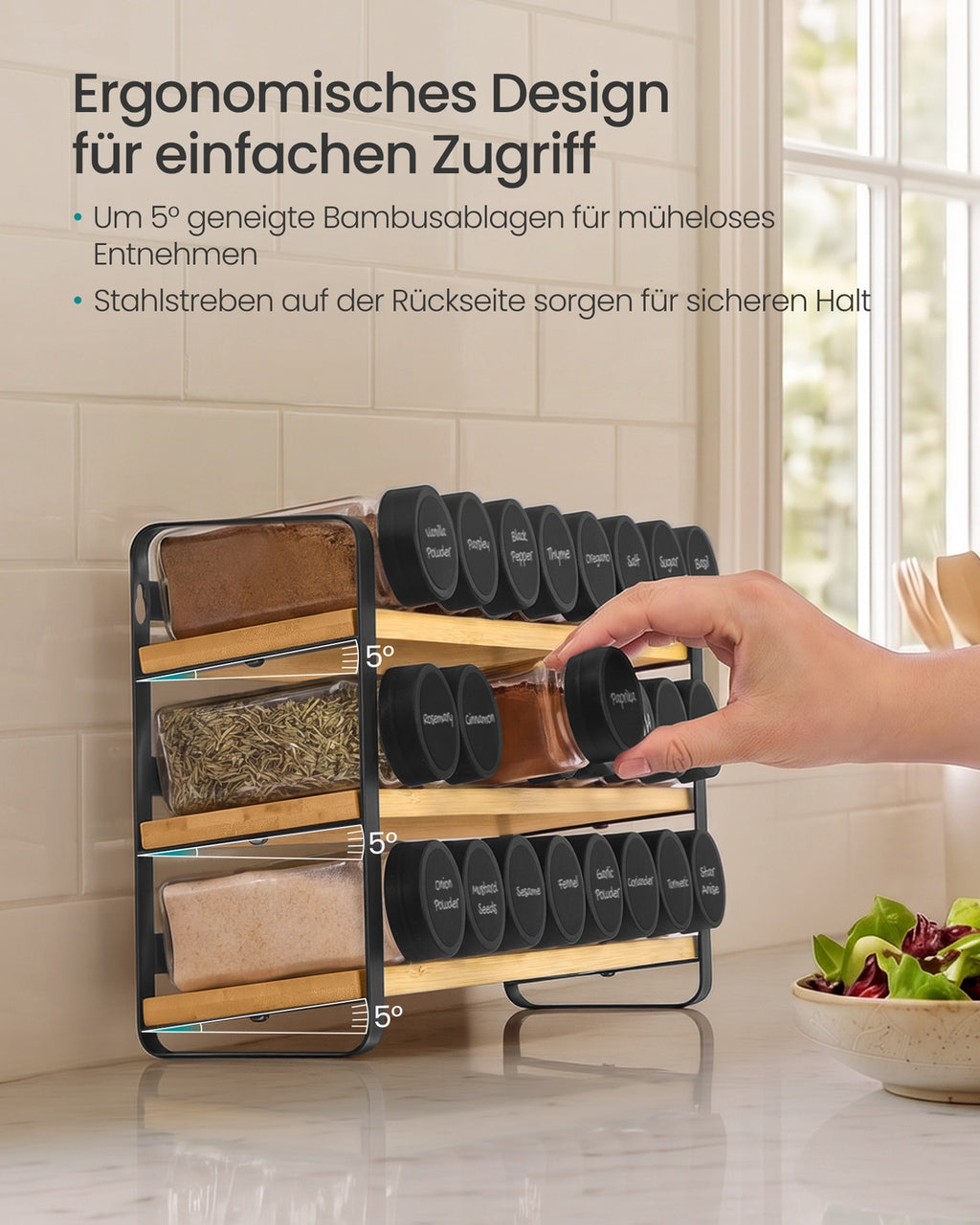 Gewürzregal tintenschwarz-naturbeige 3 Ebenen 24 Gläser
