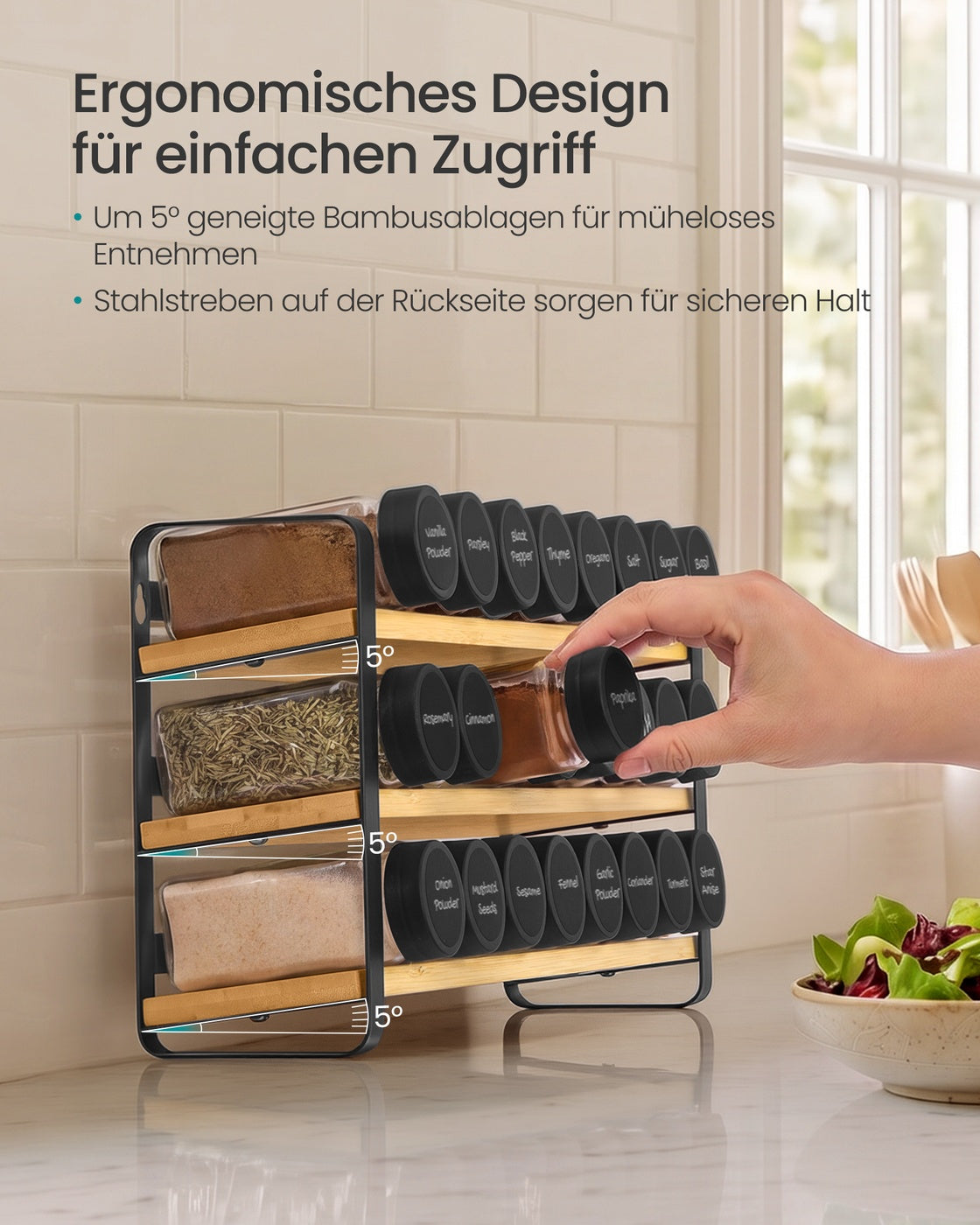 Gewürzregal tintenschwarz-naturbeige 3 Ebenen 24 Gläser