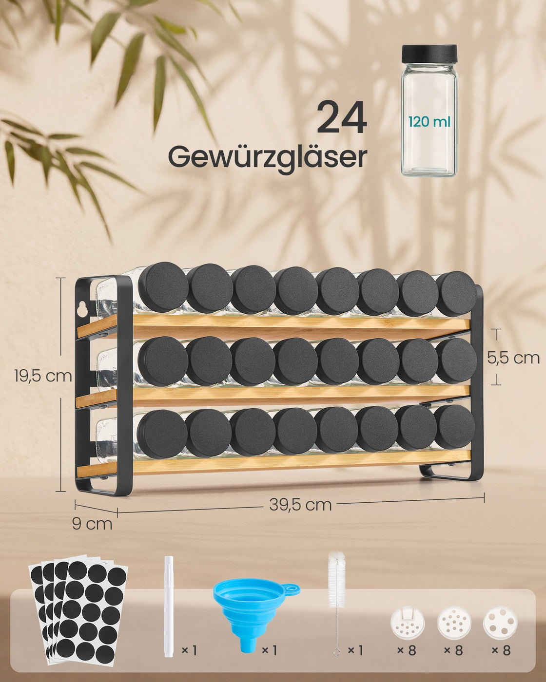 Gewürzregal tintenschwarz-naturbeige 3 Ebenen 24 Gläser