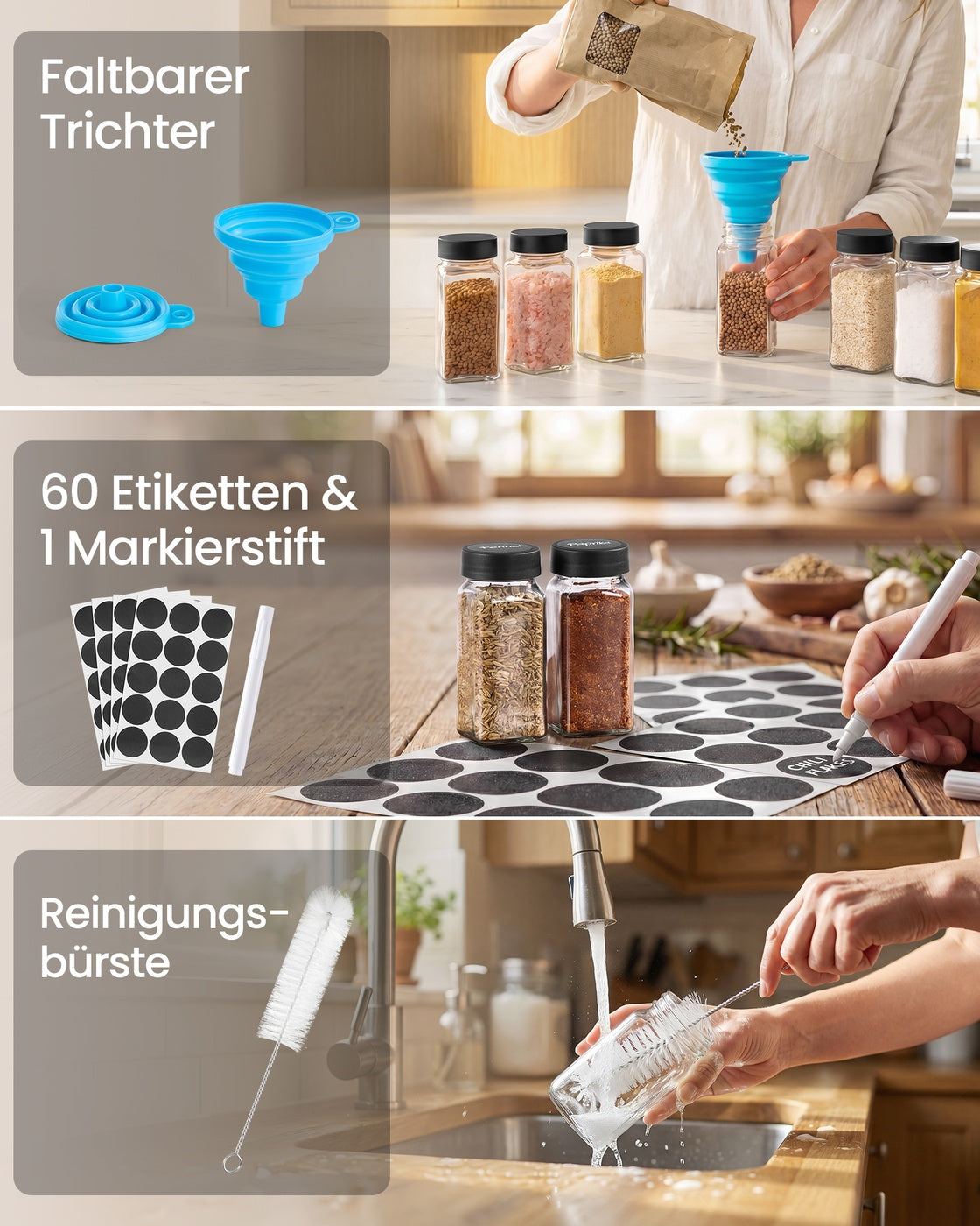 Gewürzregal tintenschwarz-naturbeige 3 Ebenen 24 Gläser