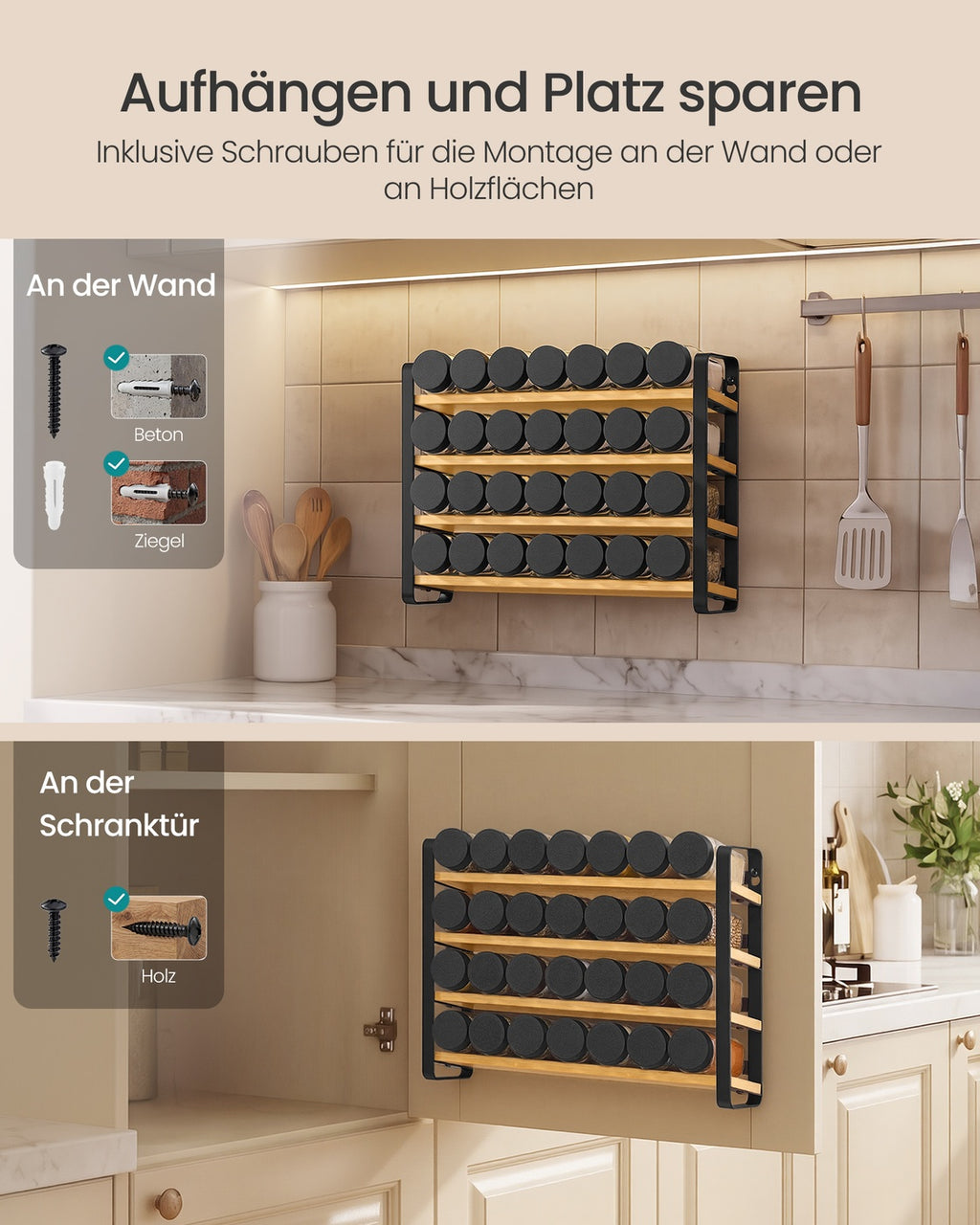 Gewürzregal tintenschwarz-naturbeige 4 Ebenen 28 Gläser