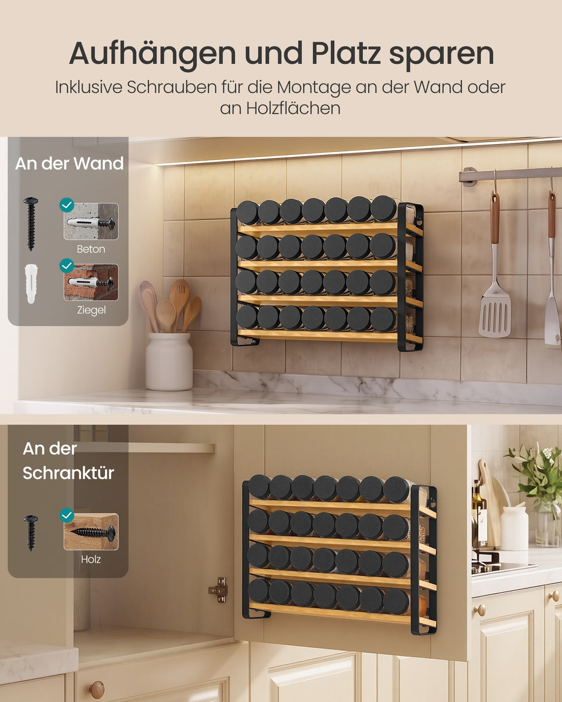 Gewürzregal tintenschwarz-naturbeige 4 Ebenen 28 Gläser