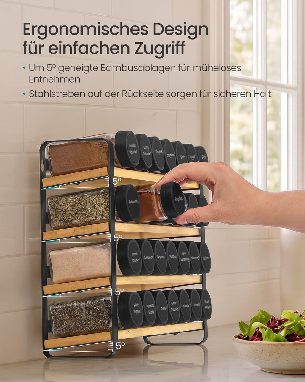 Gewürzregal tintenschwarz-naturbeige 4 Ebenen 28 Gläser