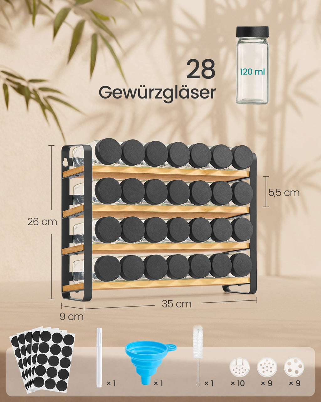 Gewürzregal tintenschwarz-naturbeige 4 Ebenen 28 Gläser