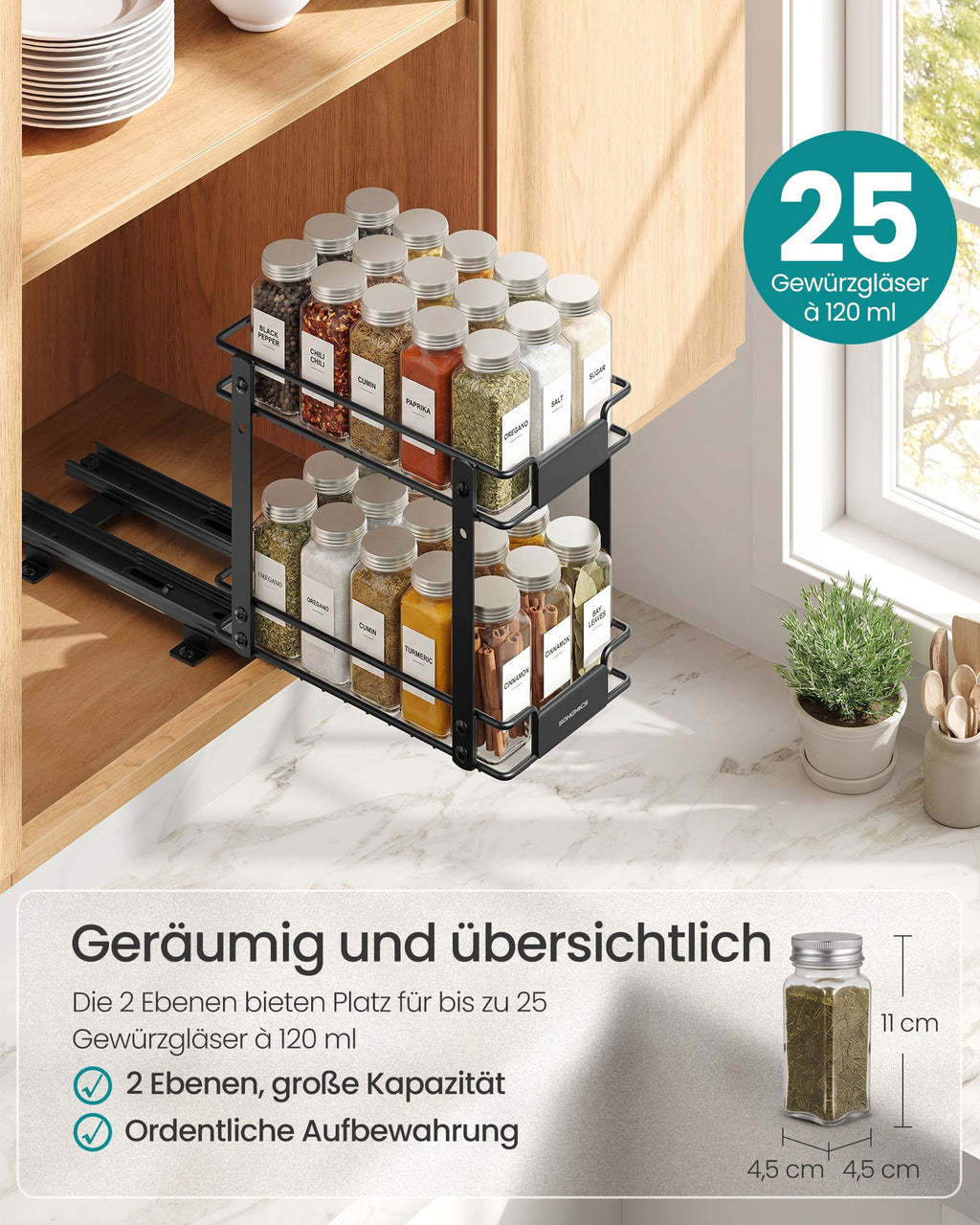 Ausziehbares Gewürzregal aus Stahl mit 2 Ebenen