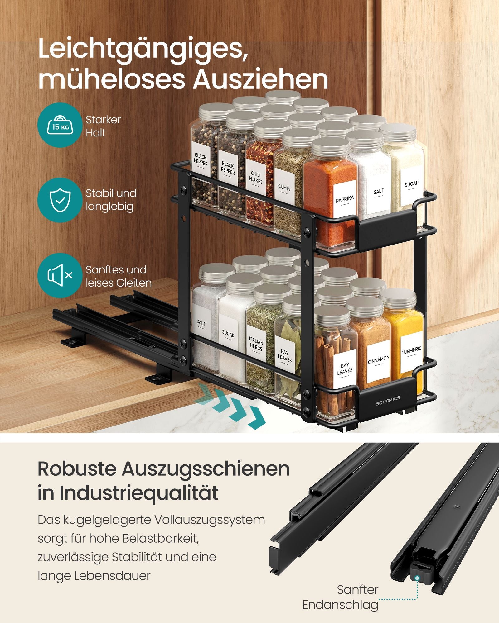 Ausziehbares Gewürzregal aus Stahl mit 2 Ebenen