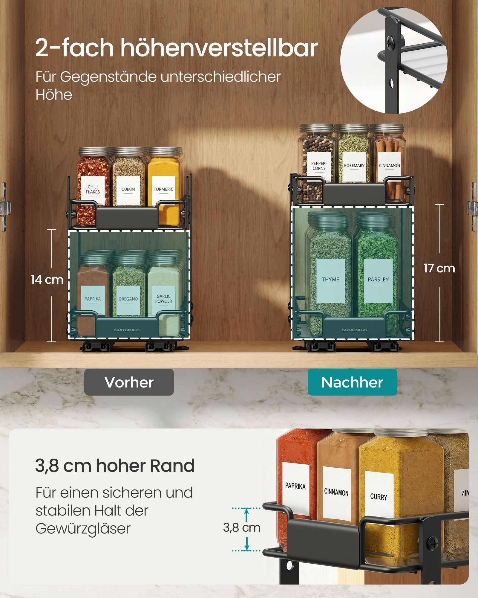 Ausziehbares Gewürzregal aus Stahl mit 2 Ebenen