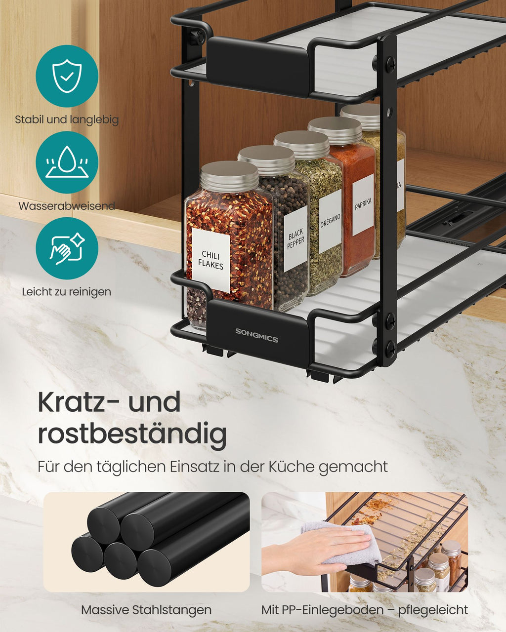 Ausziehbares Gewürzregal aus Stahl mit 2 Ebenen