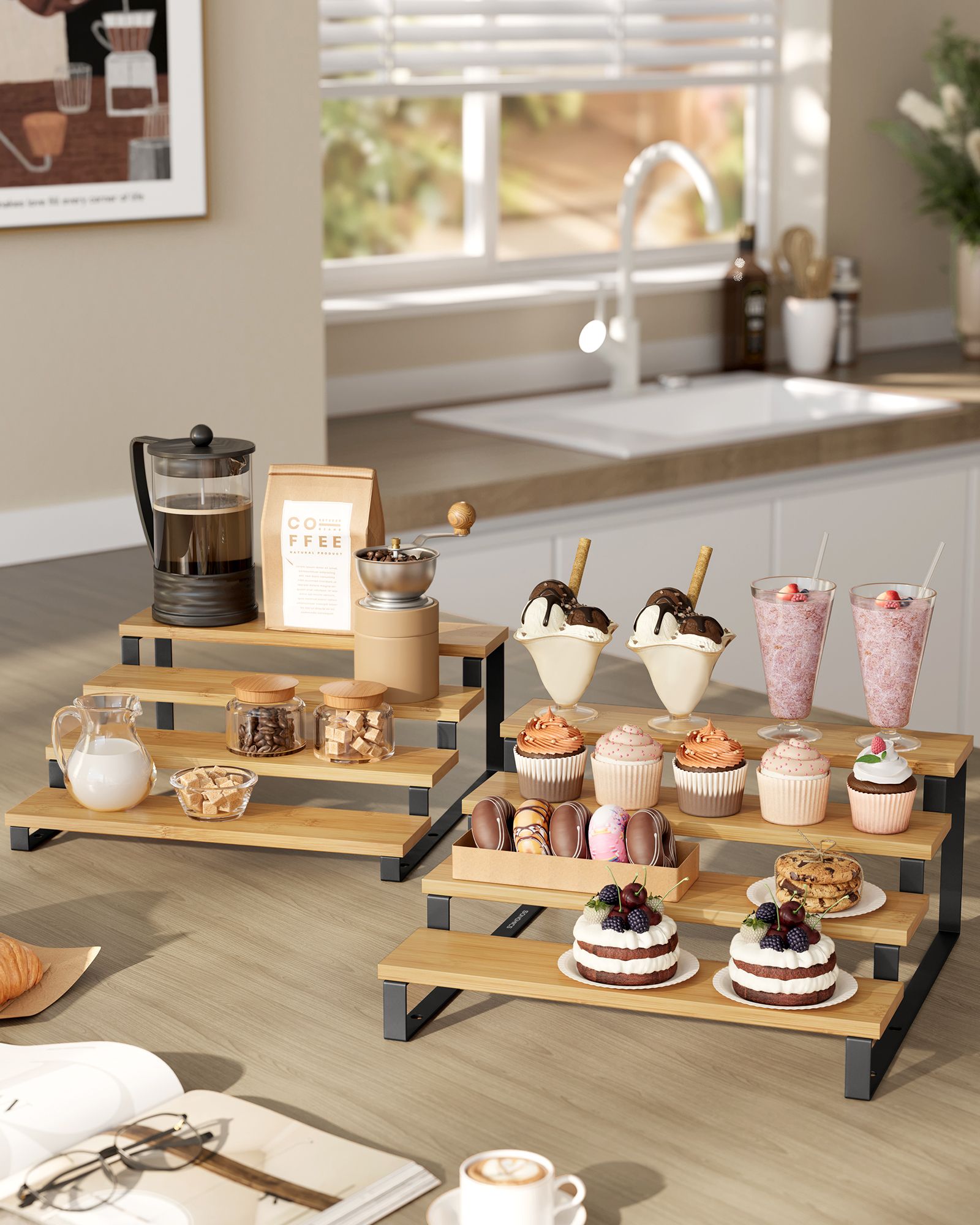 Gewürzregale 2er Set je 4 Ablagen naturbeige-tintenschwarz