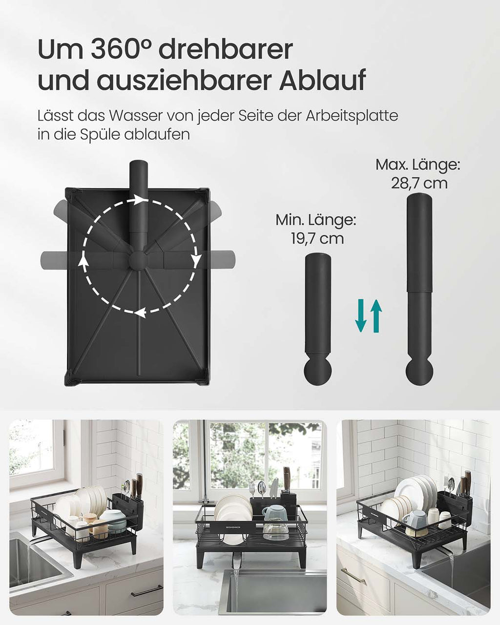 Geschirr-Abtropfgestell mit Auffangschale und Besteckhalter tintenschwarz