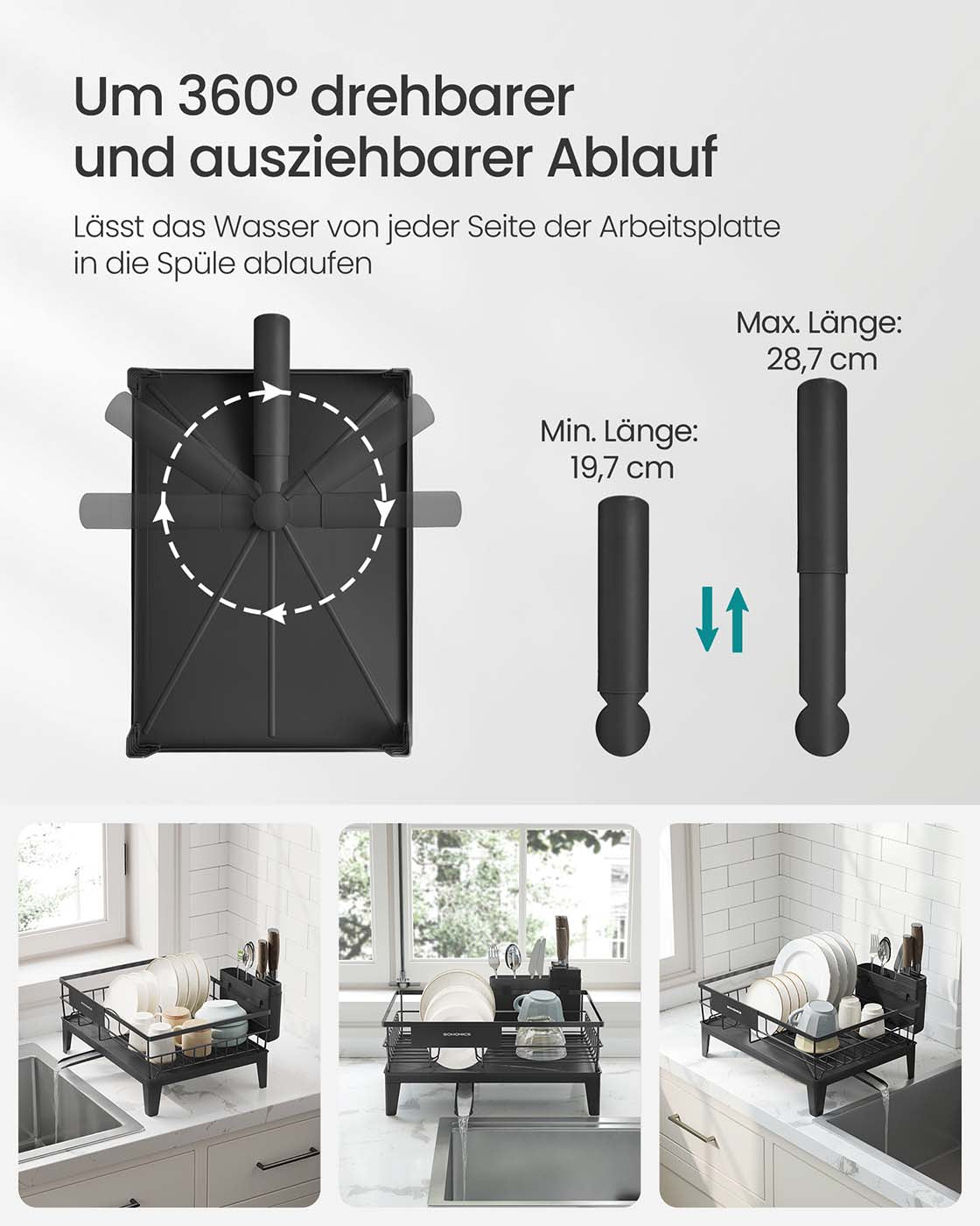 Geschirr-Abtropfgestell mit Auffangschale und Besteckhalter tintenschwarz