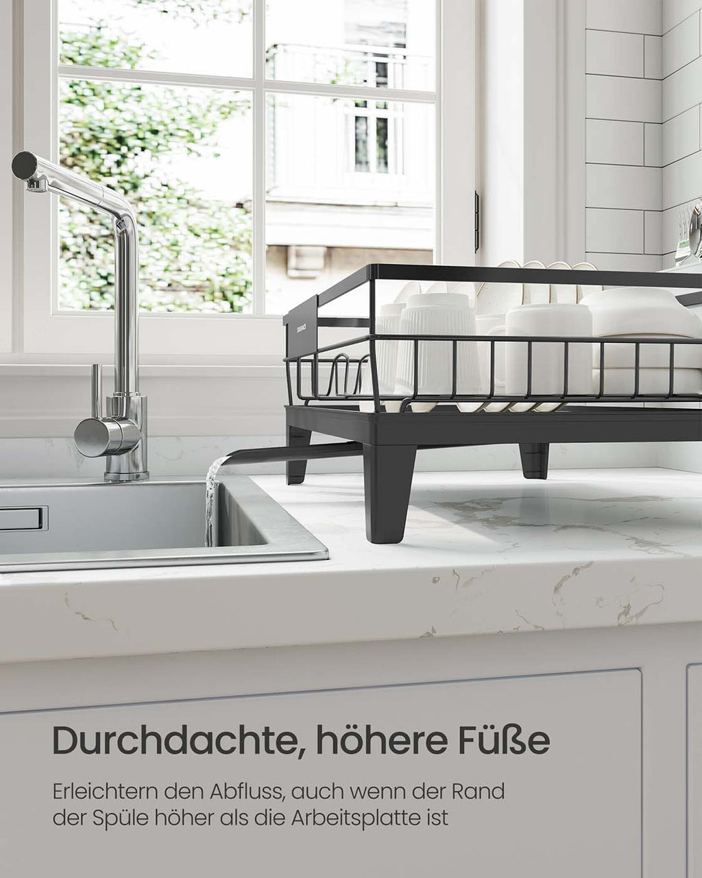 Geschirr-Abtropfgestell mit Auffangschale und Besteckhalter tintenschwarz