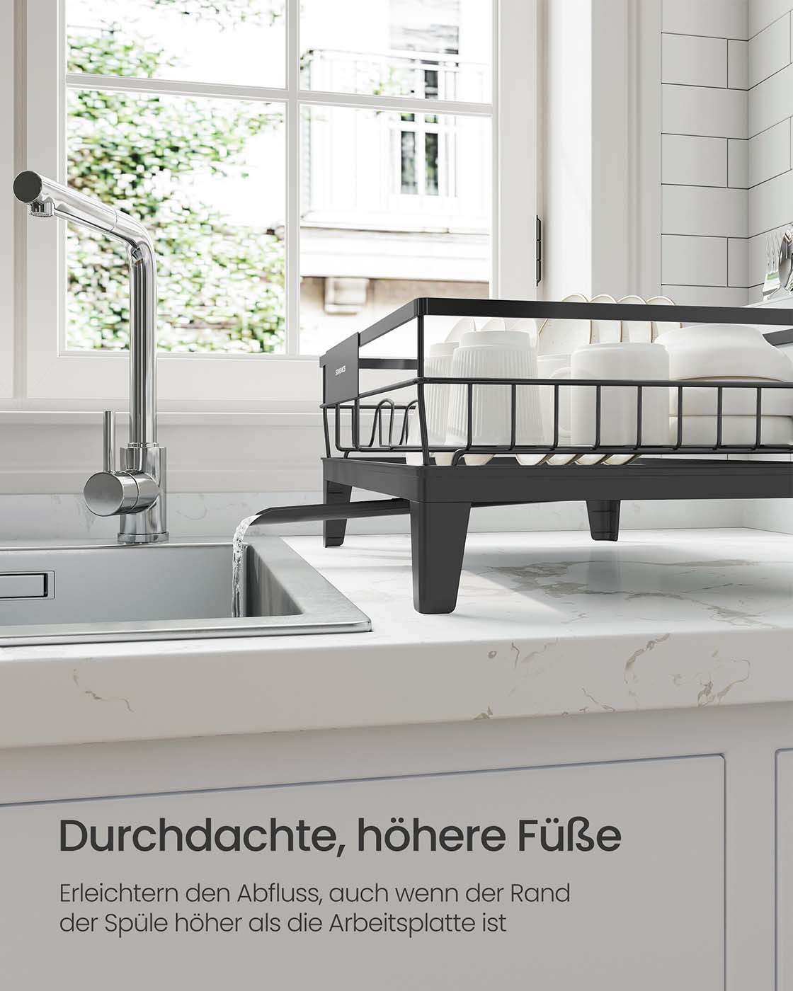 Geschirr-Abtropfgestell mit Auffangschale und Besteckhalter tintenschwarz