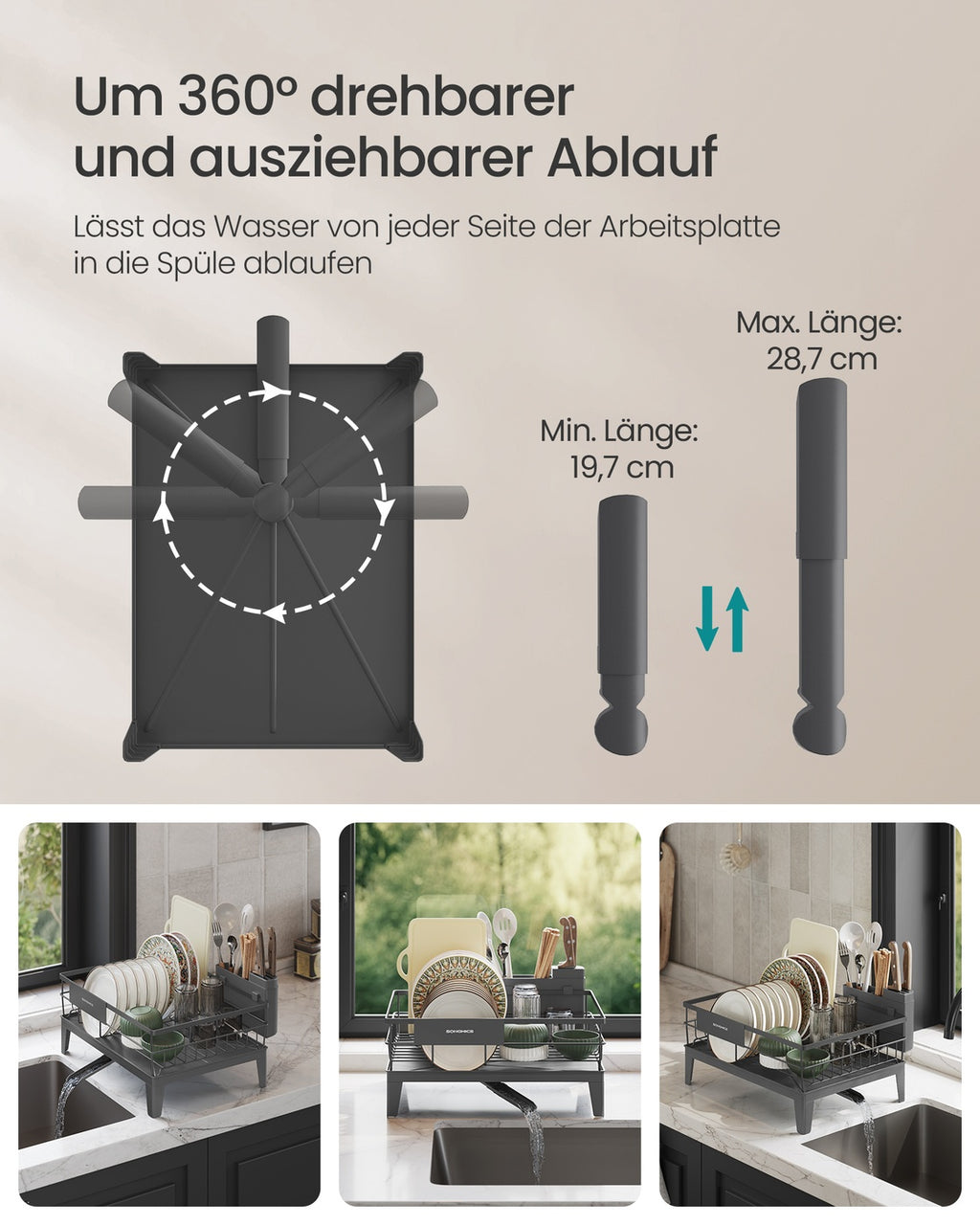 Drehbares Abtropfgestell mit Abtropfschale und Besteckablage anthrazitgrau