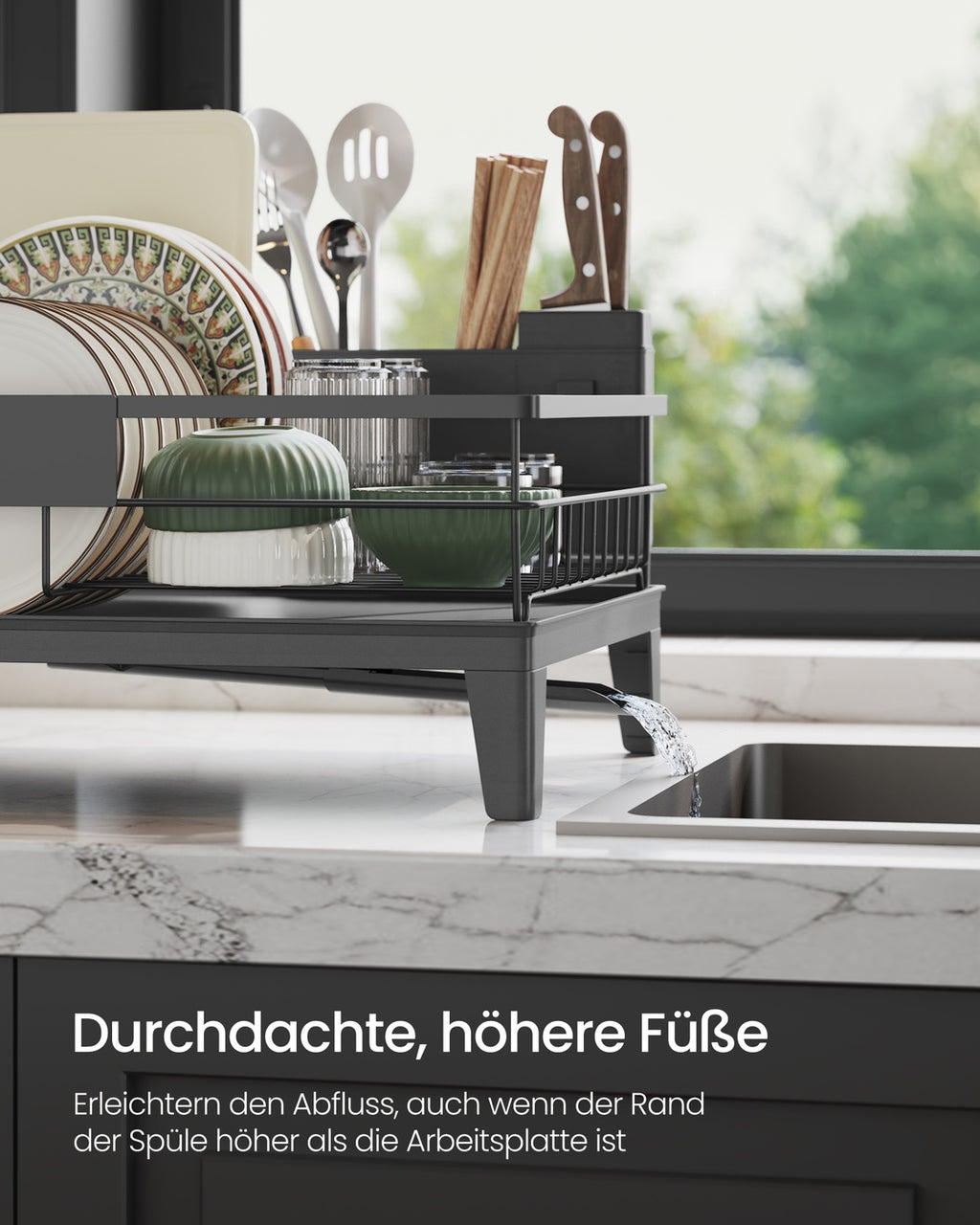 Drehbares Abtropfgestell mit Abtropfschale und Besteckablage anthrazitgrau