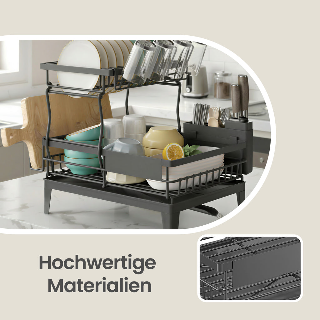 Geschirrständer 2-stufig, Abtropfgestell mit drehbarem Ablauf, Besteckhalter