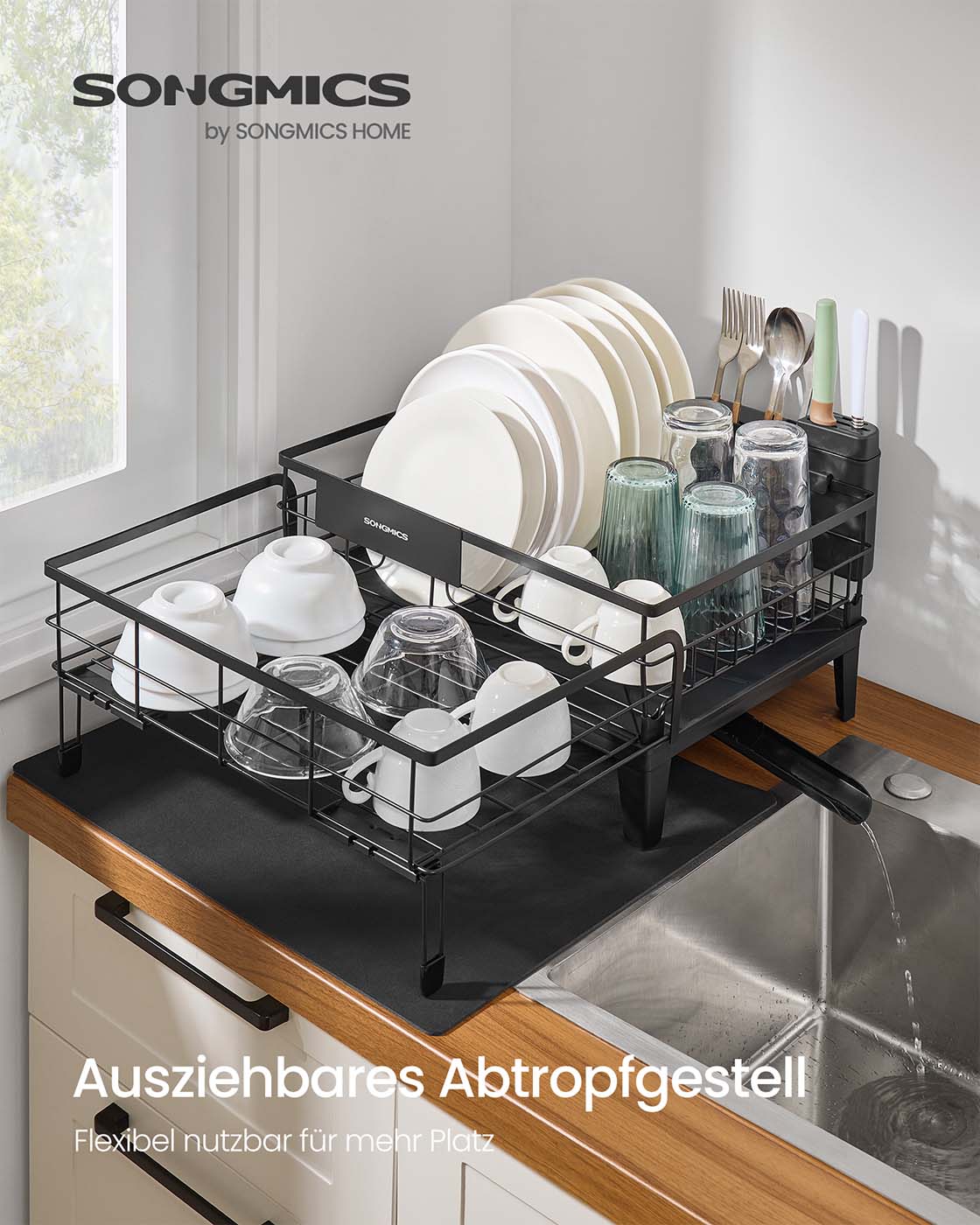 Abtropfgestell Geschirr mit Silikonmatte und Ablauf tintenschwarz