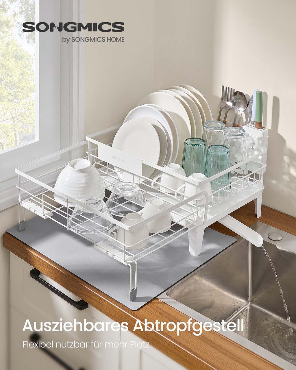 Abtropfgestell Geschirr mit Silikonmatte und Ablauf mattweiß-taubengrau