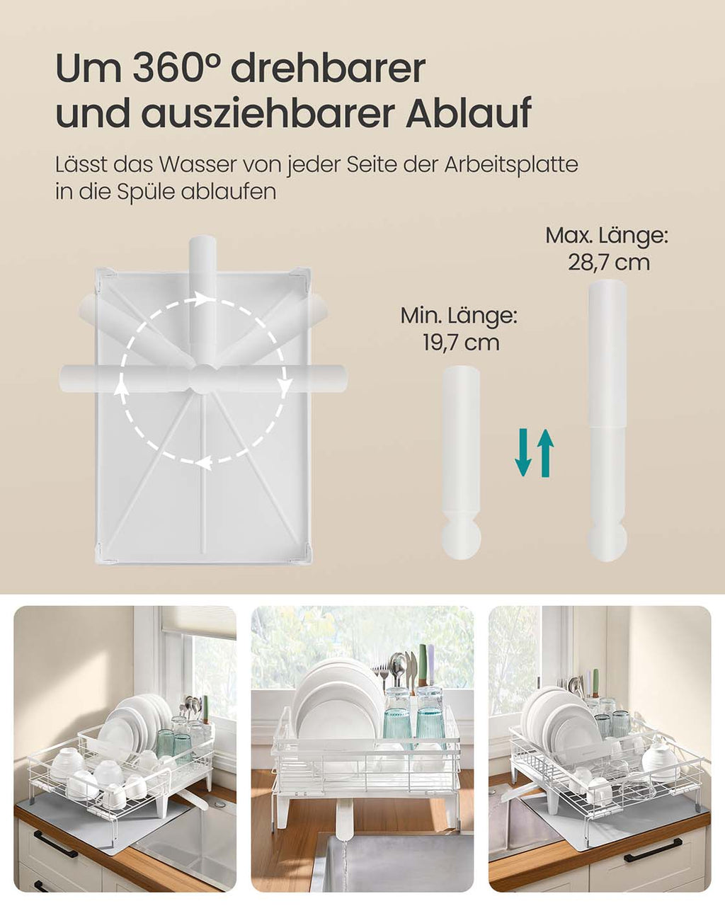 Abtropfgestell Geschirr mit Silikonmatte und Ablauf mattweiß-taubengrau
