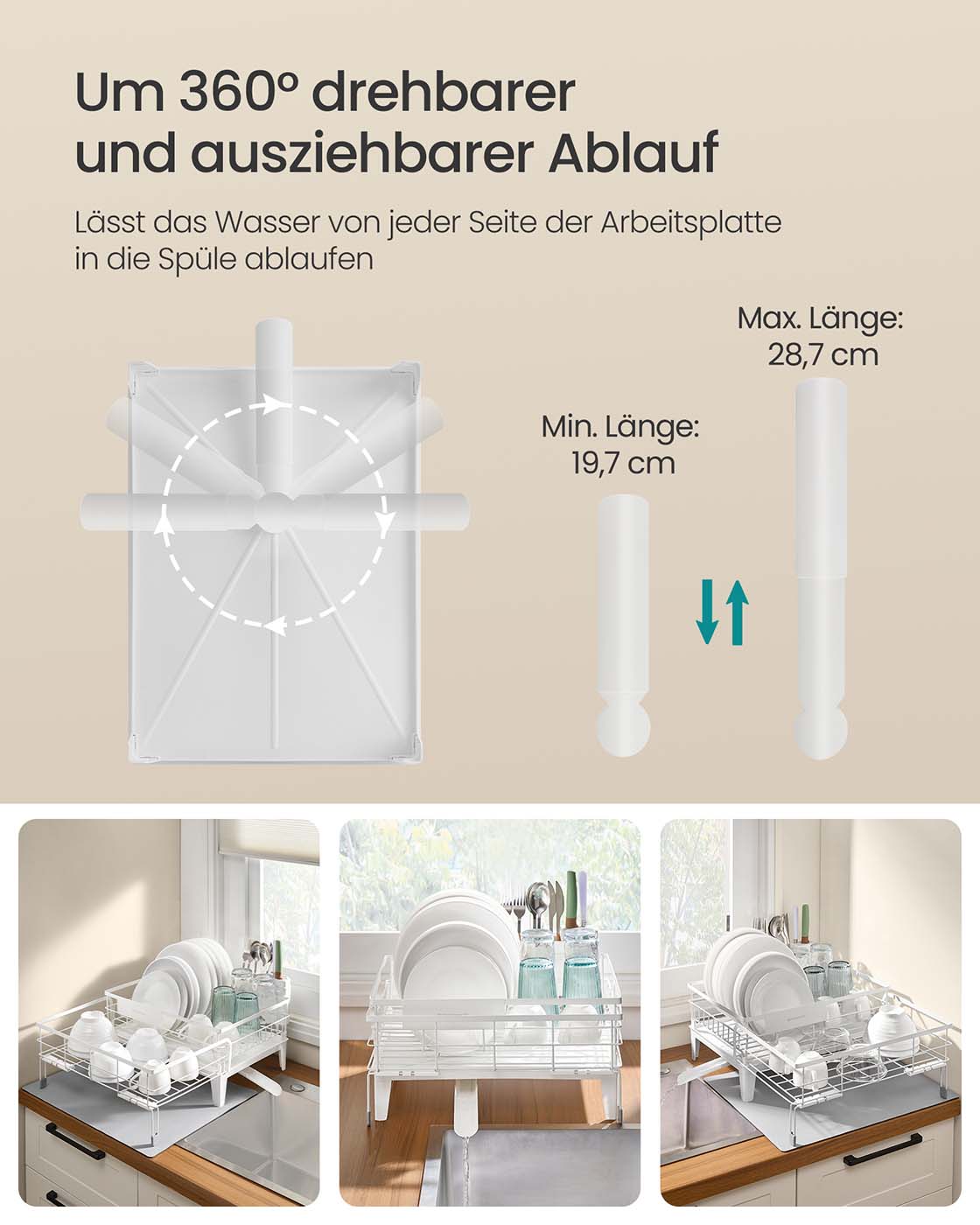 Abtropfgestell Geschirr mit Silikonmatte und Ablauf mattweiß-taubengrau