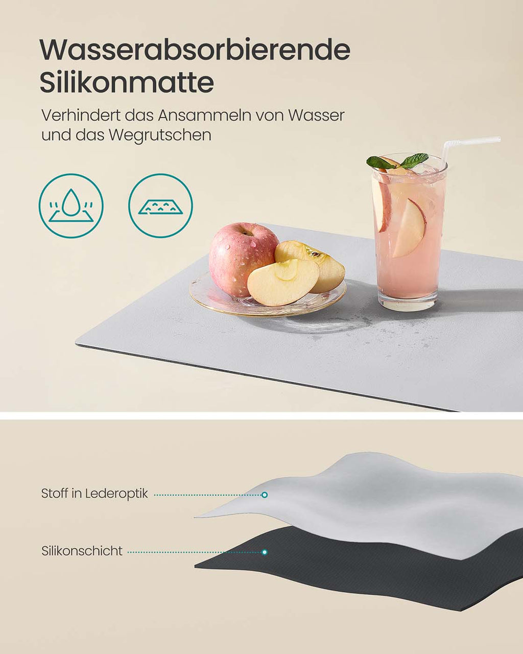 Abtropfgestell Geschirr mit Silikonmatte und Ablauf mattweiß-taubengrau