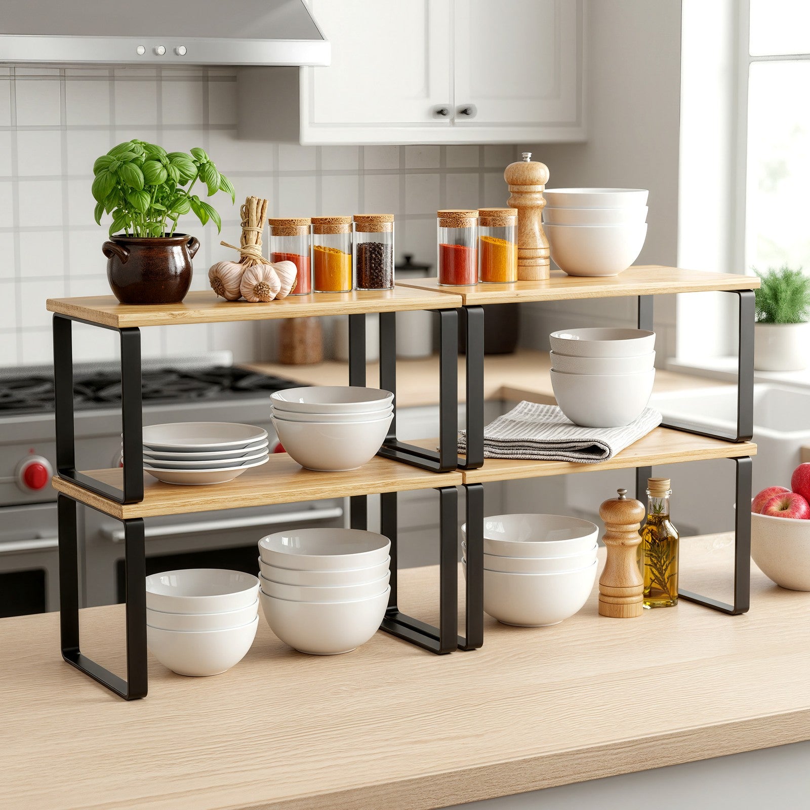 Vorratsregal 4er Set, stapelbarer Gewürzhalter, Küchen-Organizer für Küche