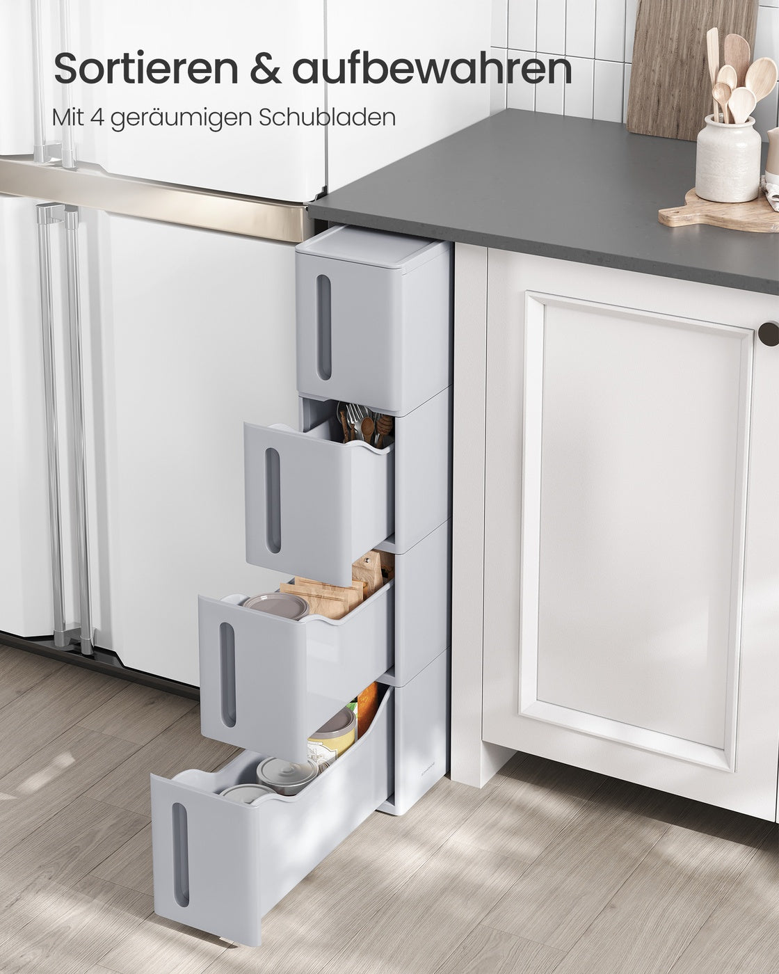 Nischenregal mit Rollen und 4 Schubladen Grau