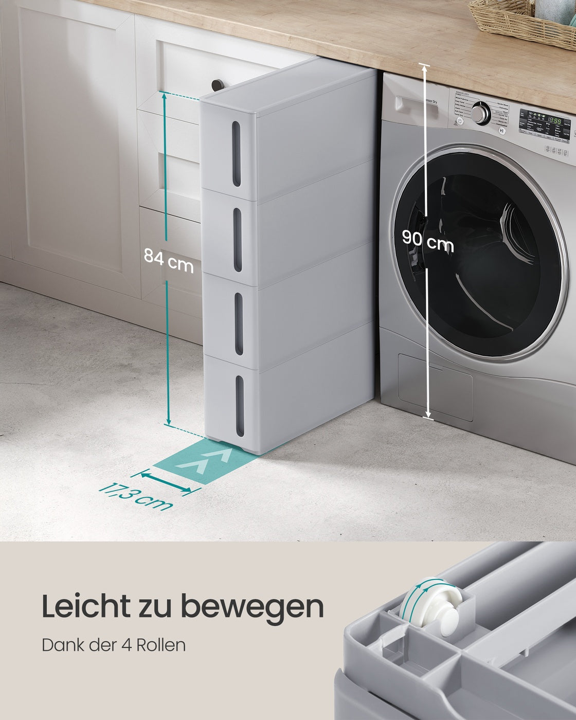 Nischenregal mit Rollen und 4 Schubladen Grau