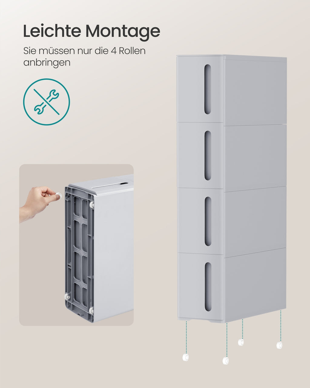 Nischenregal mit Rollen und 4 Schubladen Grau