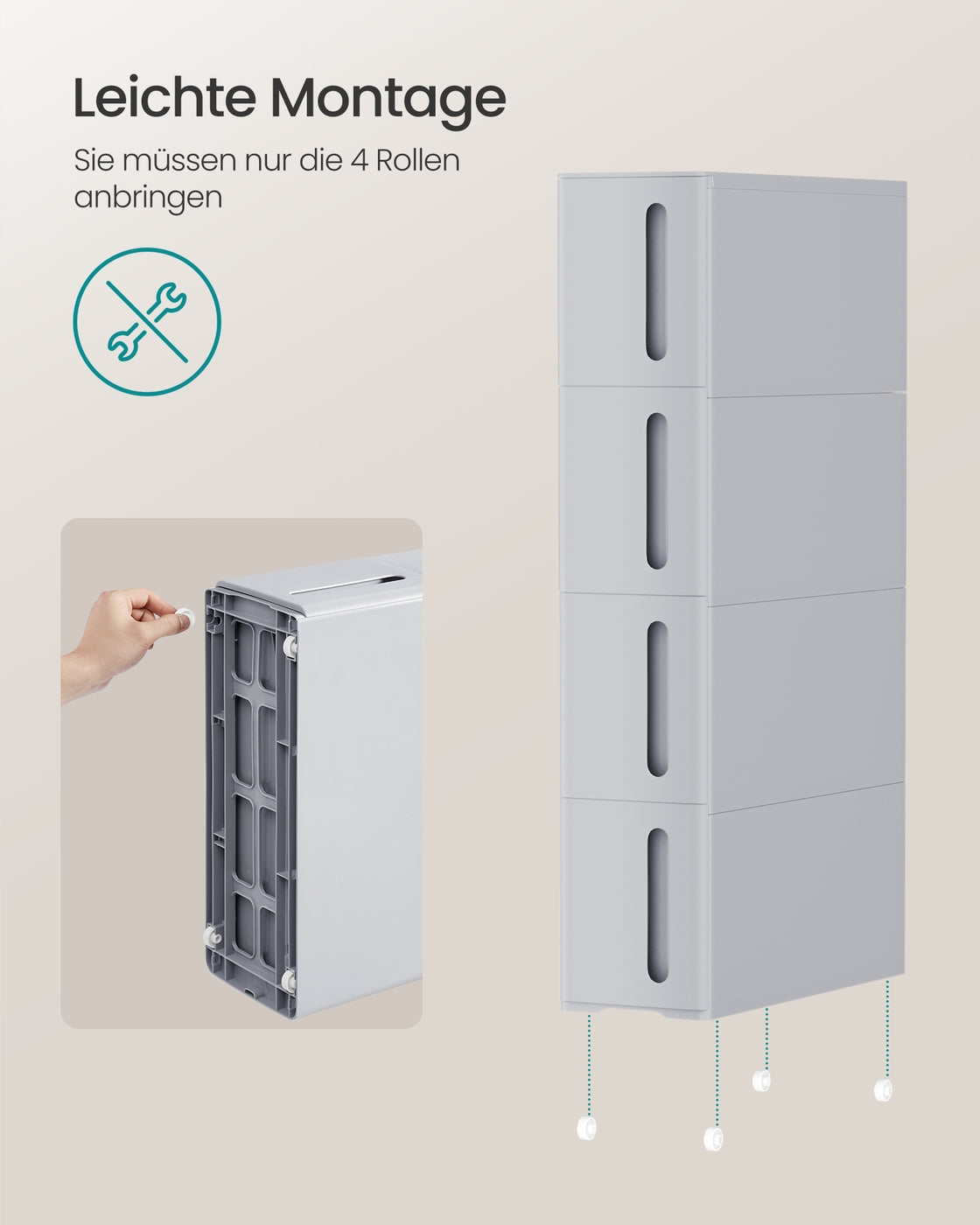 Nischenregal mit Rollen und 4 Schubladen Grau