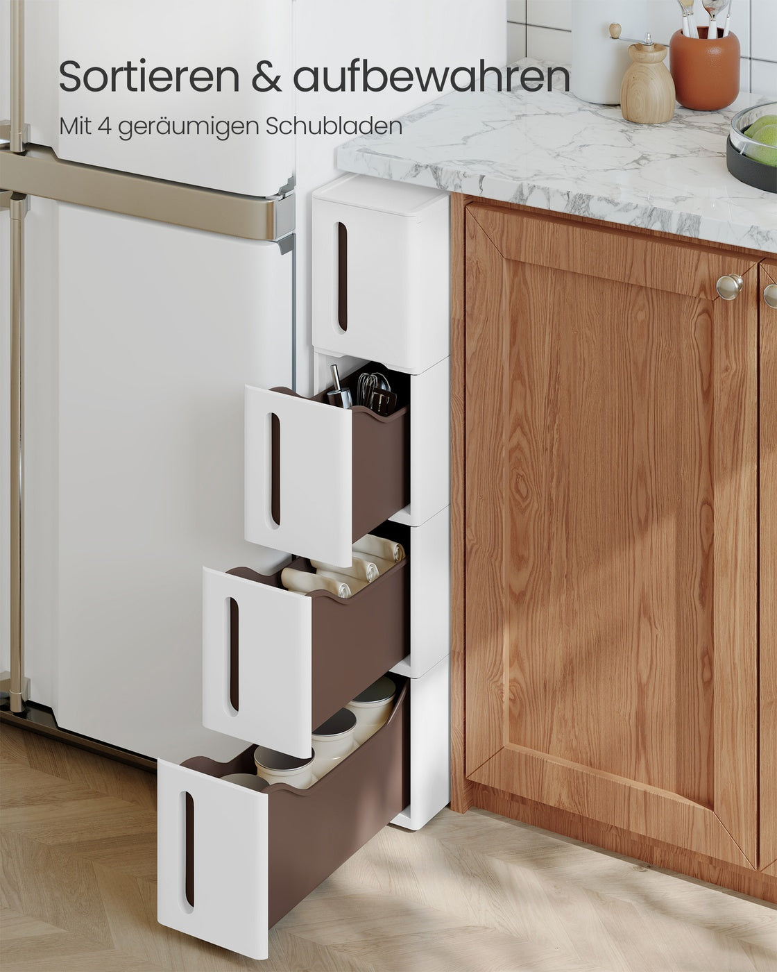 Nischenregal mit 4 SchubladenNischenregal mit Rollen und 4 Schubladen