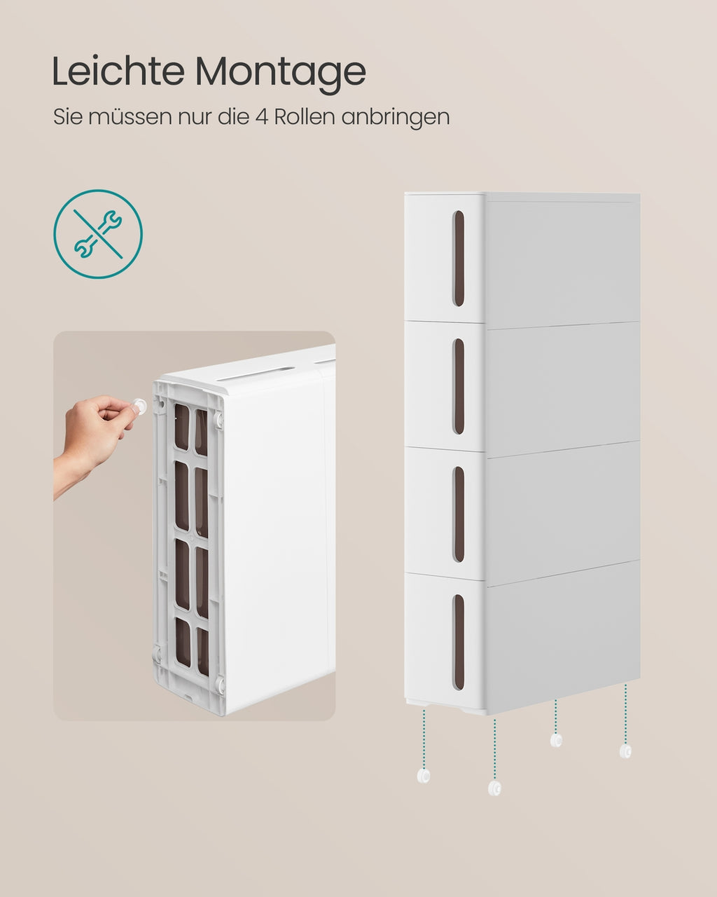 Nischenregal mit 4 SchubladenNischenregal mit Rollen und 4 Schubladen