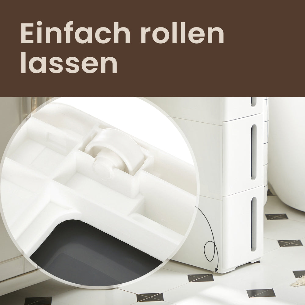 Nischenregal mit Rollen, Rollwagen mit 4 Schubladen, schmal