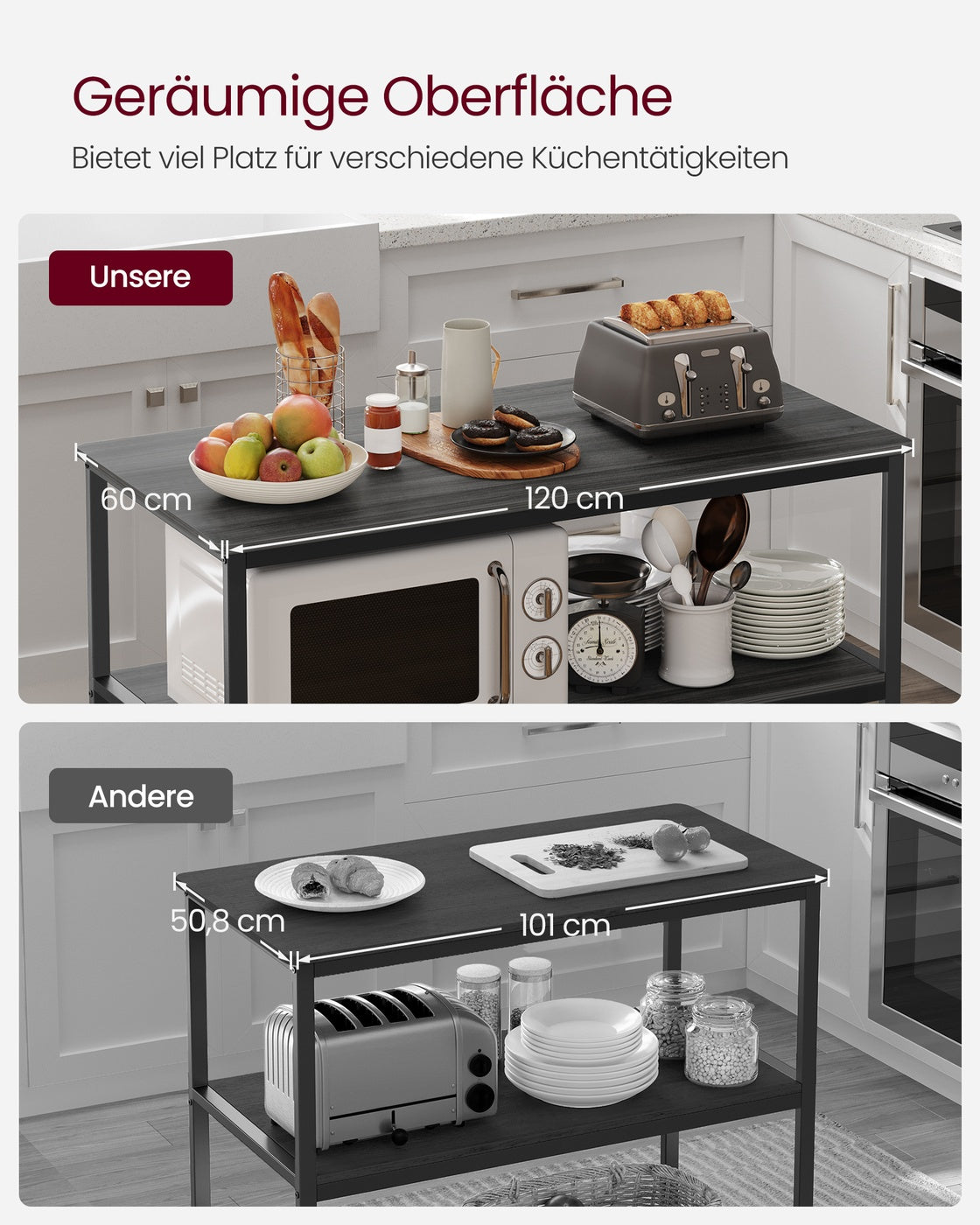 Küchenregal 3-stufig mit großer Arbeitsplatte und Stahlrahmen